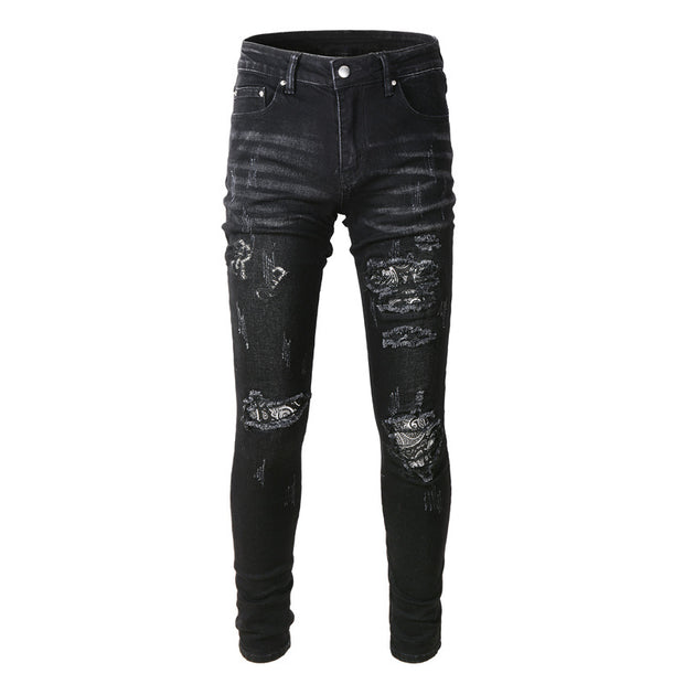Men's Black Paisley Printed Patch Ripped Jeans - Cool Urban Store