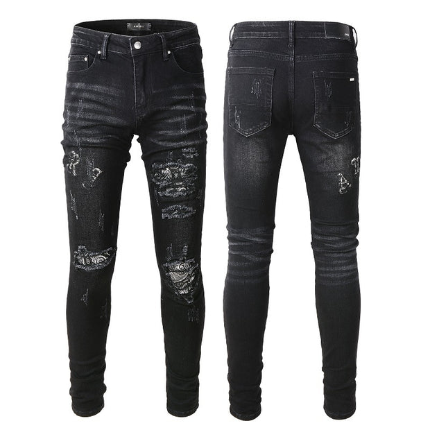 Men's Black Paisley Printed Patch Ripped Jeans - Cool Urban Store